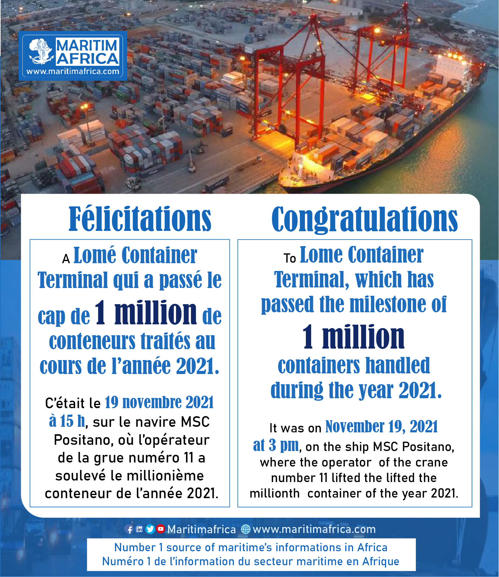 Lomé Container Terminal passes the milestone of 1 million containers handled during the year 2021