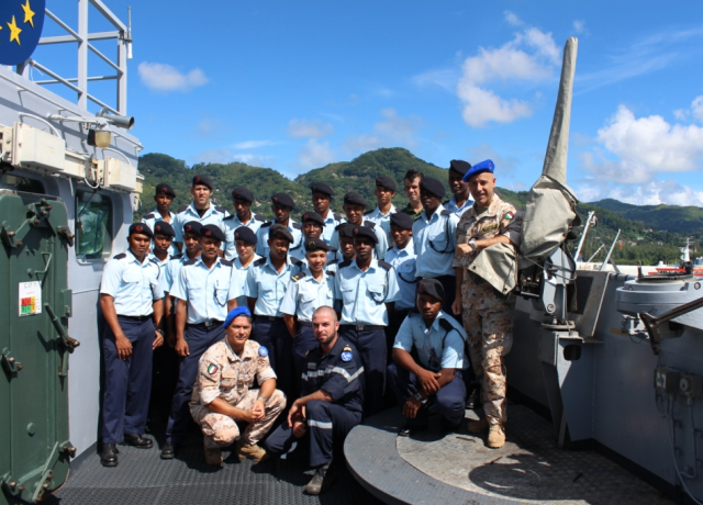 Seychelles Coast Guard Basic Training Trainees receive training on electronic navigation equipment on board the EUNAVFOR Flagship Siroco