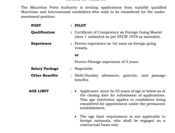Mauritius Ports Authority Opens Recruitment for Mauritian and International Pilots