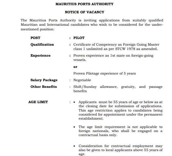 Mauritius Ports Authority Opens Recruitment for Mauritian and International Pilots
