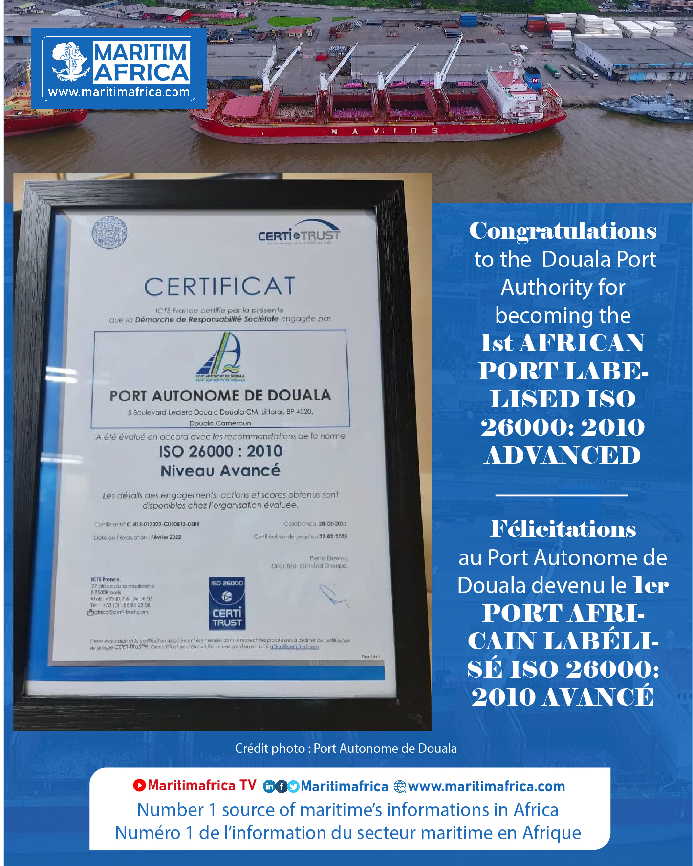 Le Port Autonome de Douala, 1er port africain labélisé ISO 26000 : 2010 avancé