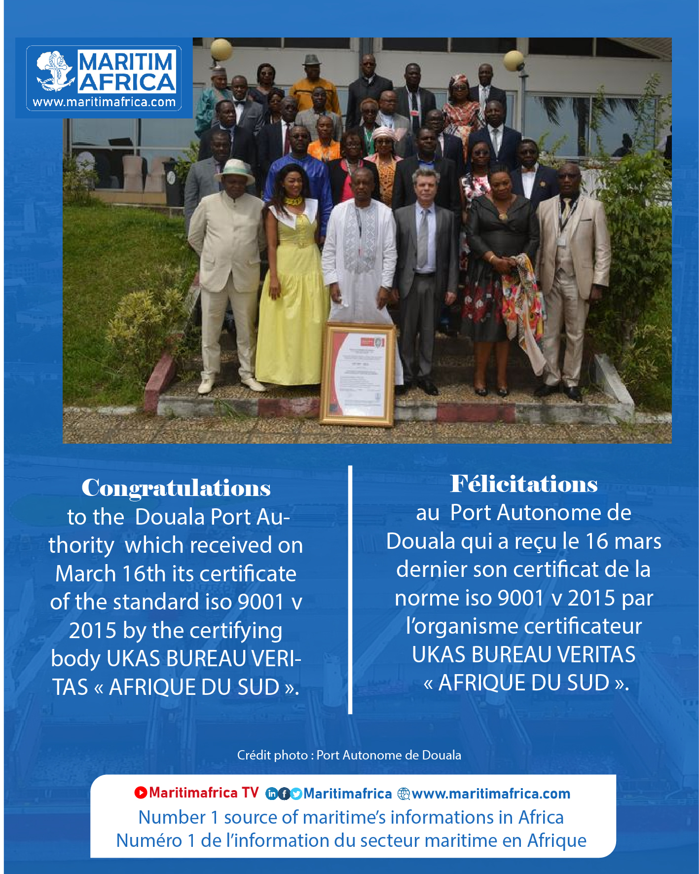 Le Port Autonome de Douala reçoit son Certificat de la norme ISO 9001 v 2015