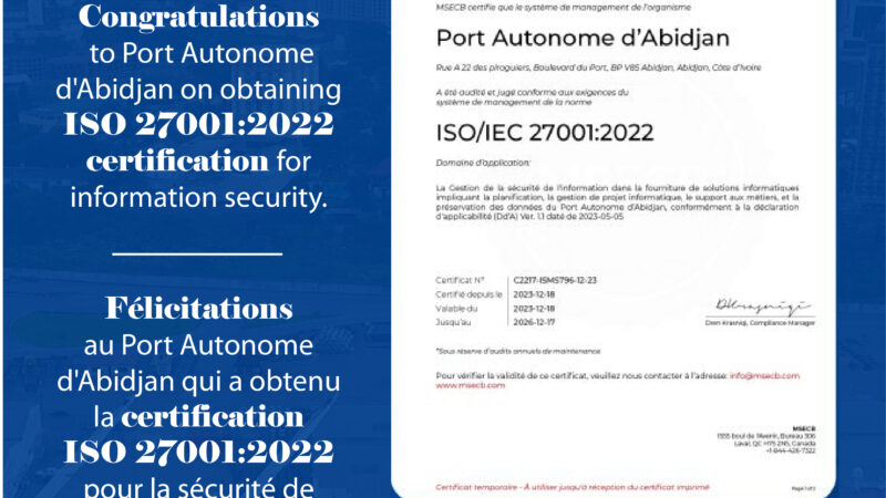 Le Port Autonome d’Abidjan accrédité ISO 27001 pour la sécurité de l’information