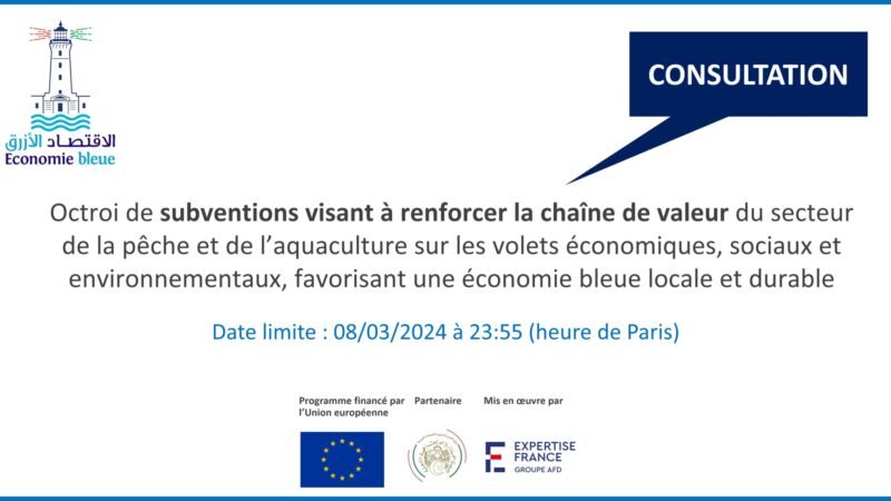 Octroi de subventions visant à renforcer la chaîne de valeur du secteur pêche et aquaculture sur les volets économiques, sociaux et environnementaux, favorisant une économie bleue locale et durable en Algérie