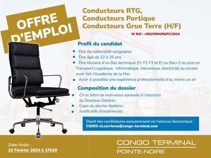 Offre d’emploi : Congo Terminal recherche des Conducteurs RTG, Conducteurs Portique et Conducteurs Grue Terre