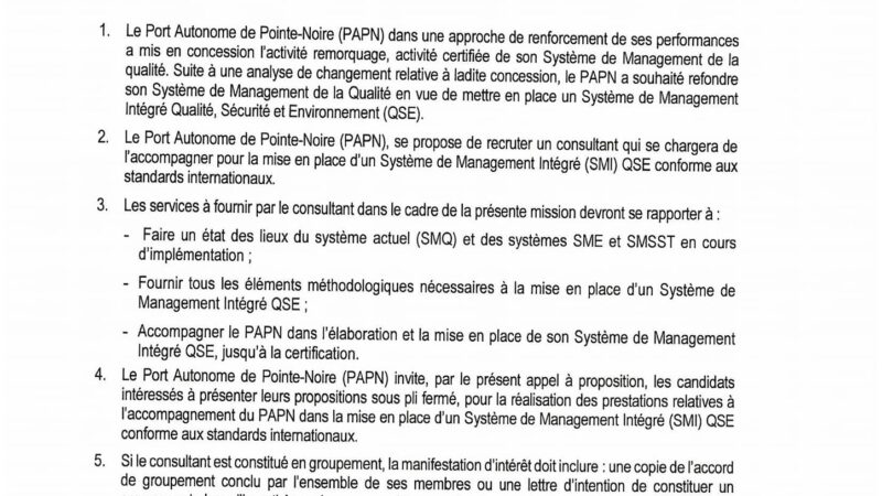 Appel à Proposition International n°011/PAPN/DQSSE/SPCIPM/24 pour fournir les services d’accompagnement du Port Autonome de Pointe-Noire pour la mise en place d’un Système de Management Integré QSE