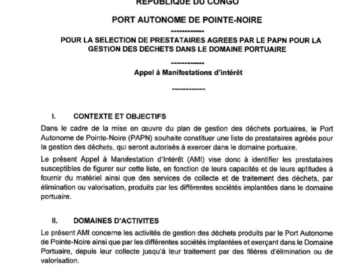 Le Port Autonome de Pointe-Noire lance un appel à manifestation d’intérêt pour la gestion des déchets portuaires